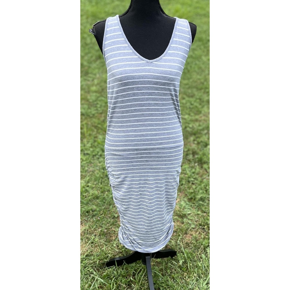 Athleta Dress Womens Medium Gray White Striped Racerback Ruched Tank Summer